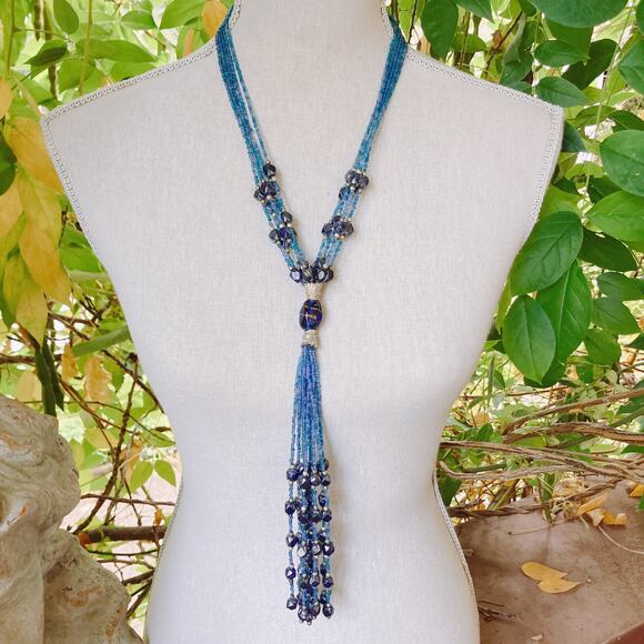 Vintage Glass Bead Tassel Necklace Blue Multi Strand Bohemian Artisan Jewelry - Picture 5 of 13
